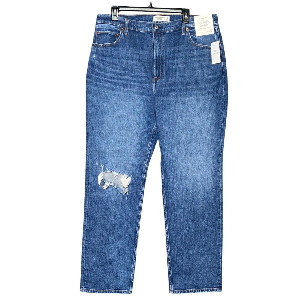 Abercrombie & Fitch Ankle Straight Ultra HR Blue Jeans Women's 34/18L Distressed